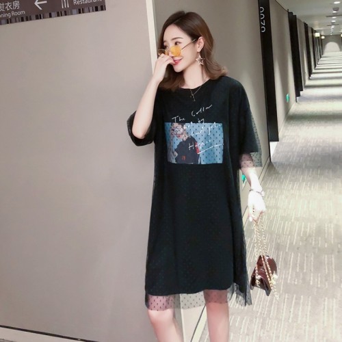 Summer new style two pieces of short sleeve mesh T-shirt women's long and versatile loose net red dress