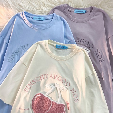 Cotton towel embroidery lazy wind flocking embroidery cherry short sleeve T-shirt women's soft girl loose top fashion