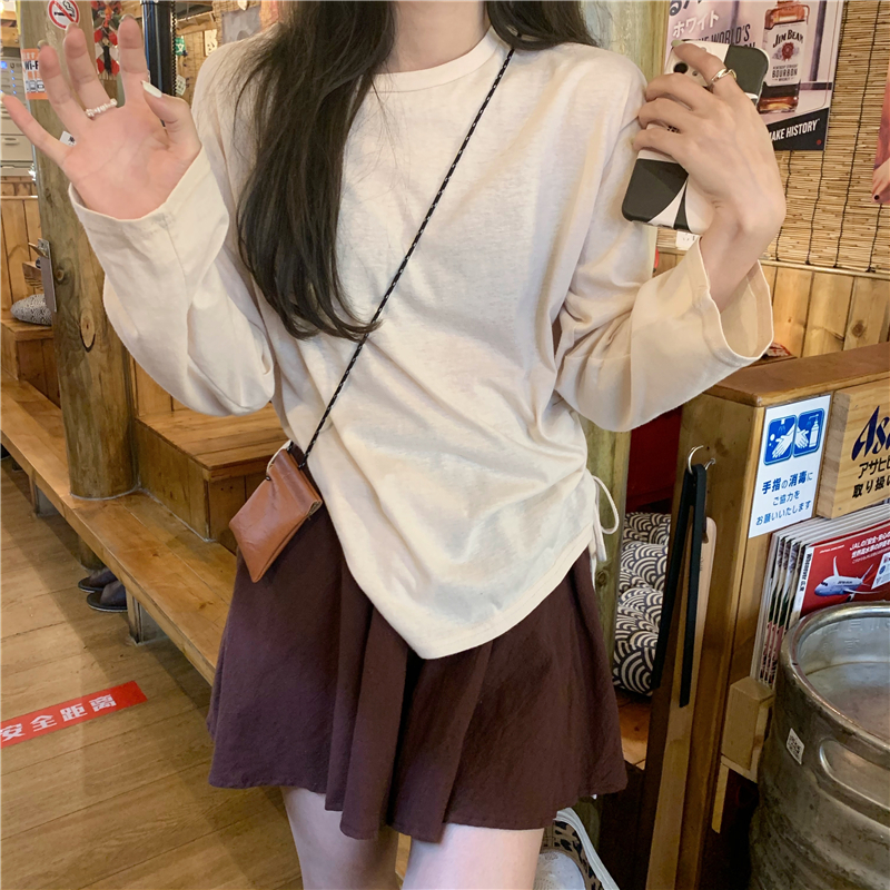 Real shooting, real price design, split lace up long sleeve T-shirt + high waist puffy shorts