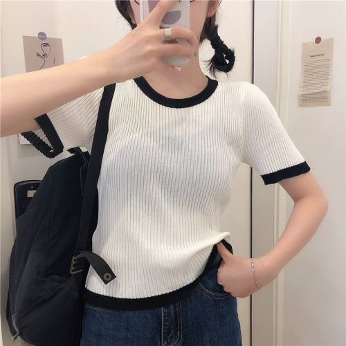 New Korean summer color matching round neck ice silk knitwear short sleeve T-shirt versatile top