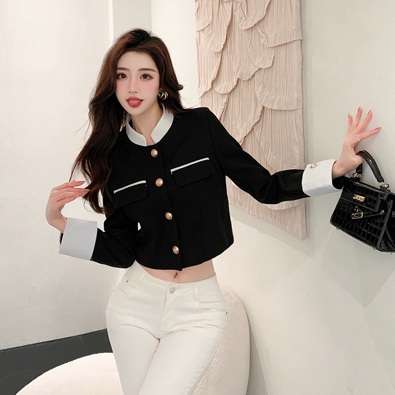 Real shot sexy small fragrance style short color contrast coat all-match long-sleeved top women's clothing