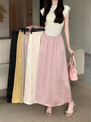 Real shot and real price Summer high-end satin print retro drape skirt for women high-waisted and slim A-line long skirt