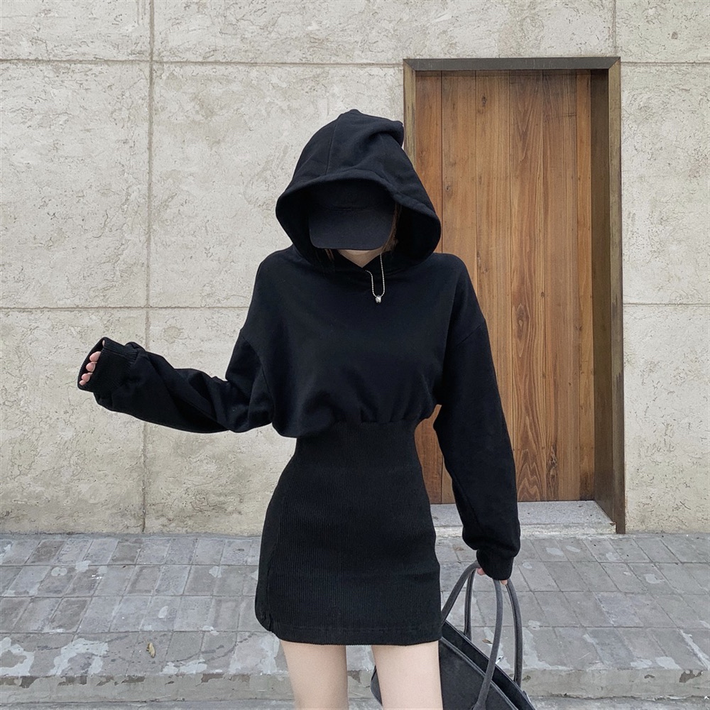 Winter Hooded Dress, waist closed, hip wrapped, fashion trend, plush and thickened dress for women
