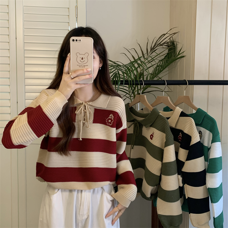 Real price autumn and winter new POLO collar tie up design with contrasting stripes, embroidery, and versatile knit top for women