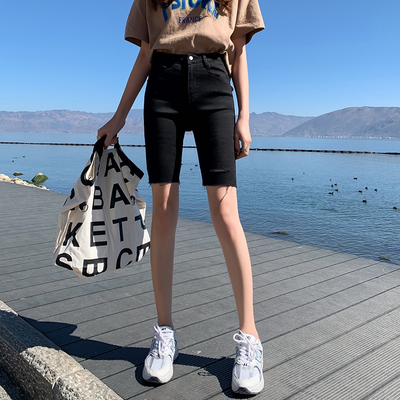 Real shot 2022 hole cowboy high waist thin summer riding leisure tight woolen midpants five point elastic