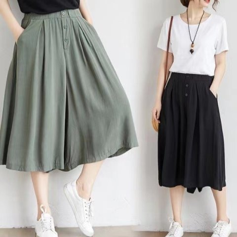 Women's pants summer loose bloomers women's wide leg pants Capri Pants elastic waist large women's pants skirt slim two-piece set
