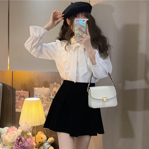 French shirt women's autumn and winter  new sweet design with ruffle edge and white shirt