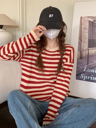 New Korean style casual all-match design sense niche round neck striped long-sleeved knitted top women