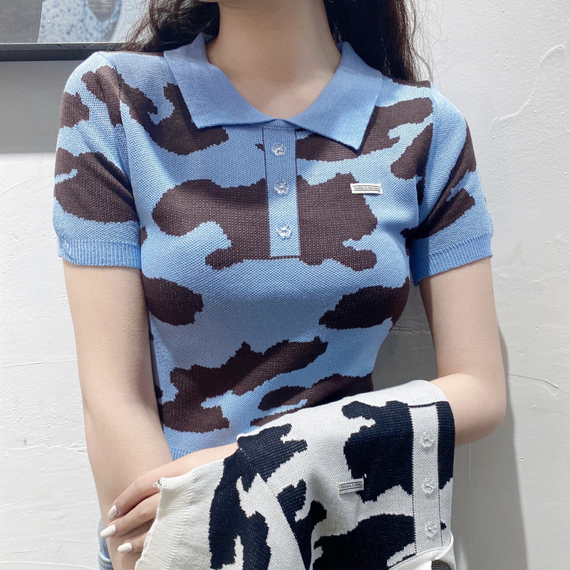 2022 New Summer Dairy Cow Jacquard Short Knitted T-shirt Slim Fit Stretch Waist polo Collar Jacket Women