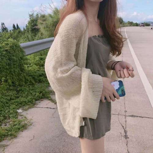 Hong Kong style retro chic style lazy loose thin long sleeve T-shirt summer versatile thin sun proof clothes cardigan