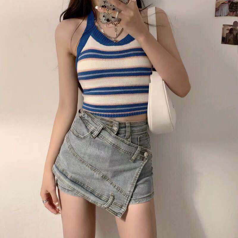French care machine stripe short open navel hanging neck knitted vest women's back bow tie suspender summer shirt
