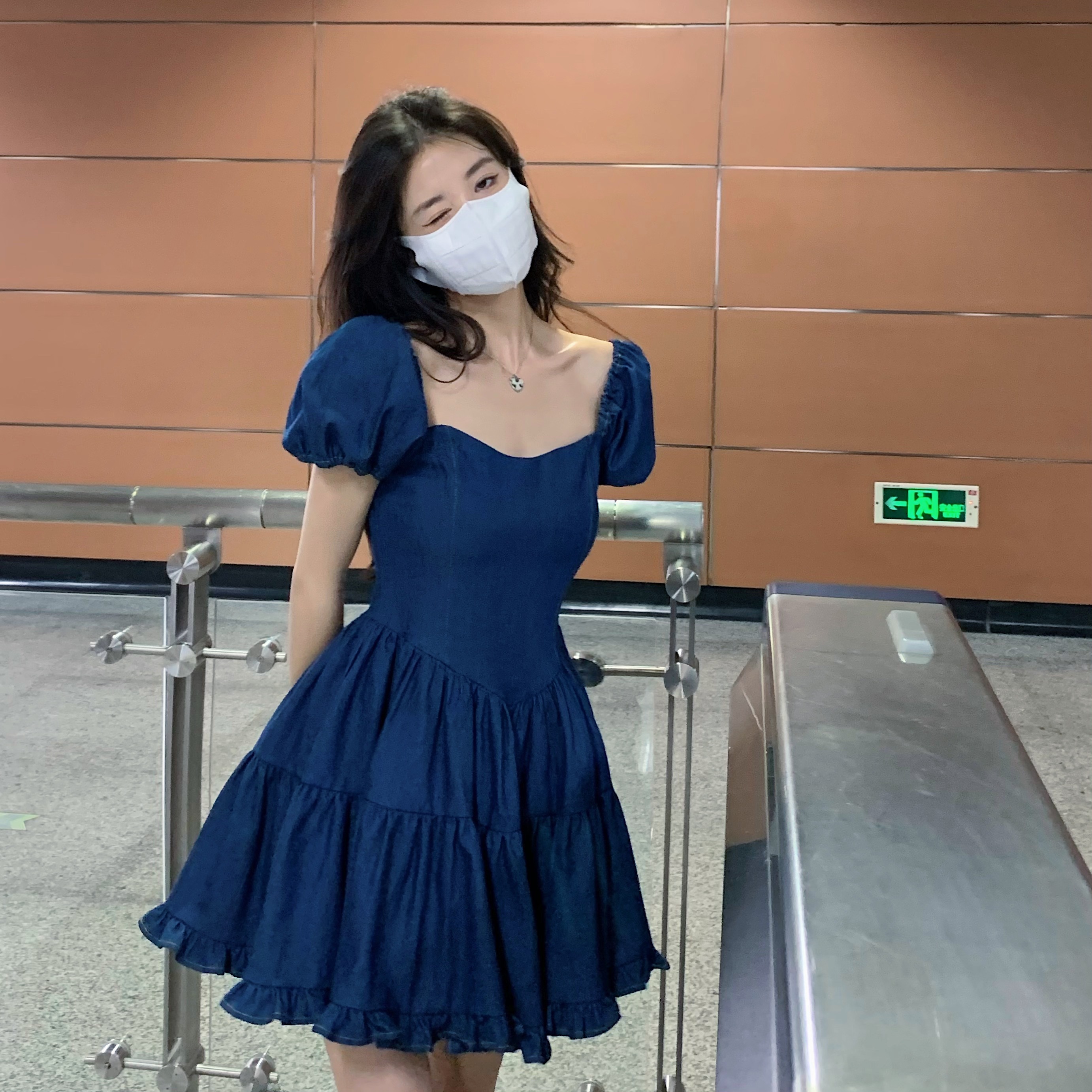 Denim dress women's waist is slim in summer design sense small bubble sleeve short skirt Ruffle Skirt