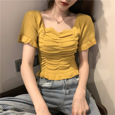 2020 new tight BM short Knitted Top Women's short sleeve collarbone sexy navel revealing machine clothes