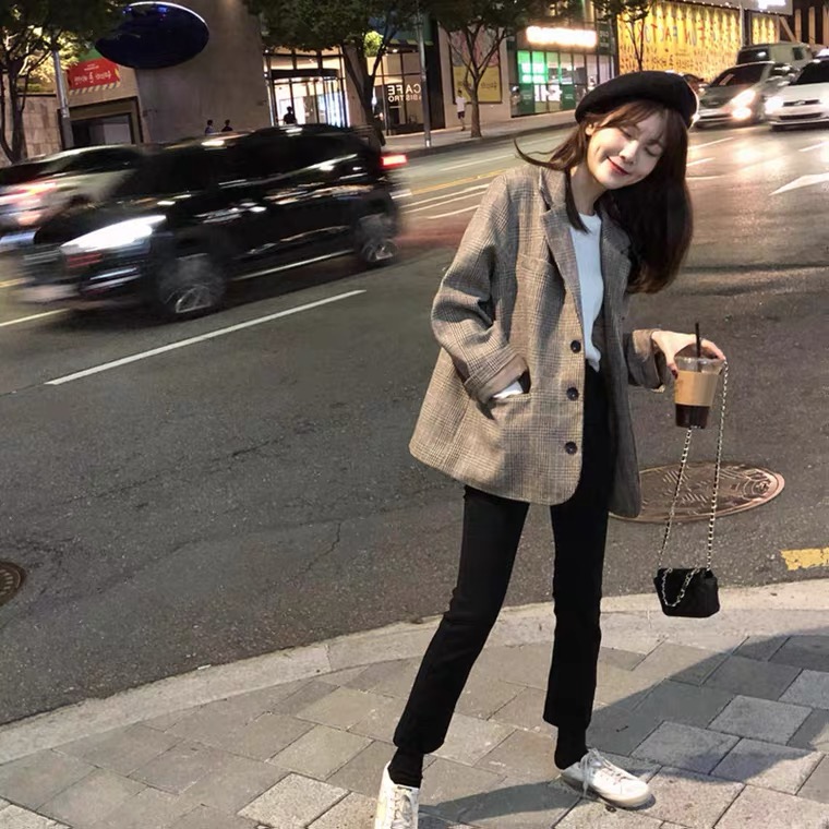 Spring and autumn Jacket Women's Korean version British style suit loose chic net red plaid Blazer coat
