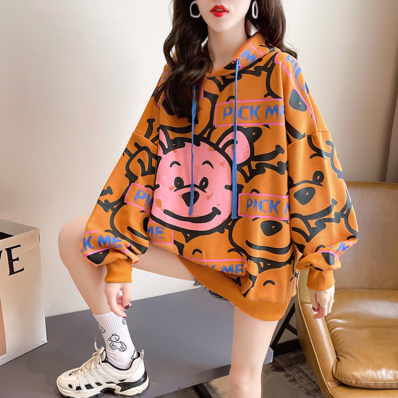 Real shooting of autumn new Korean hooded cartoon letter printing loose medium and long women's large size women's wear thin women's sweater