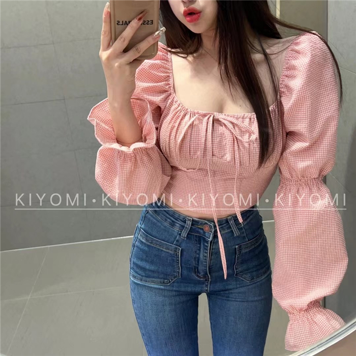 KIYOMI2023 spring new hot girl sexy one-shoulder short top female puff sleeve tie plaid shirt
