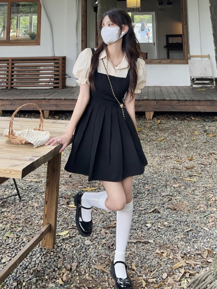 French Vintage Bubble Sleeves Fake Two Piece Dress Women's Summer New Gentle Style Wear with Small Nai Guai Skirt
