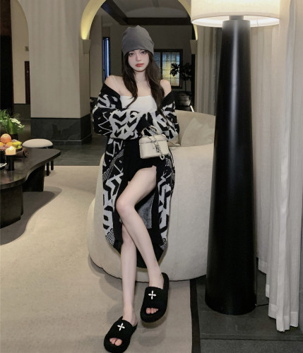 Real shot real price autumn winter languid lazy black geometric color over the knee sweater long cardigan knit coat