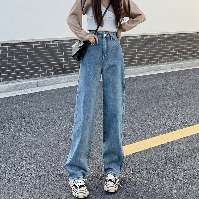 Real shooting wide leg pants show thin JEANS New Spring waist adjustable loose vertical feeling floor dragging straight pants