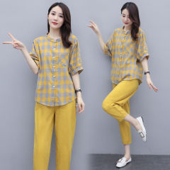 Hemp suit women's summer new loose large Plaid short sleeve casual hemp wide leg pants two piece set