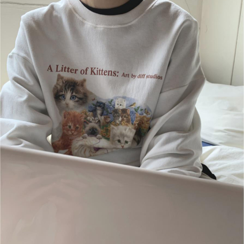 Super cute funny antique cat computer printed round neck Pullover Sweater Korean autumn and winter girl