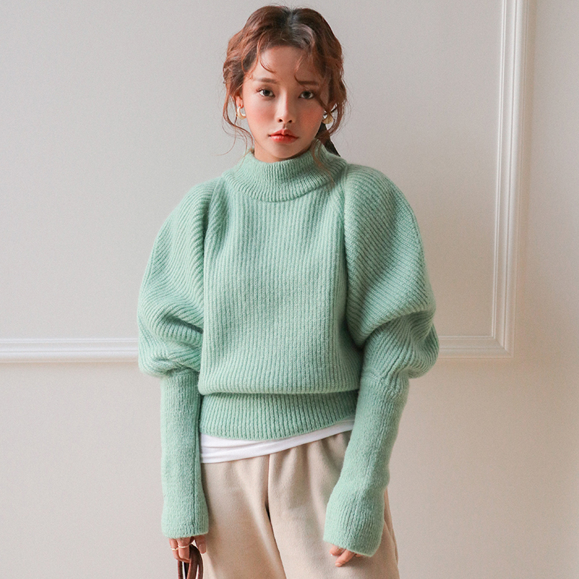 2022 Korean autumn and winter new half-high collar puff sleeves mint color base solid color pullover sweater women's