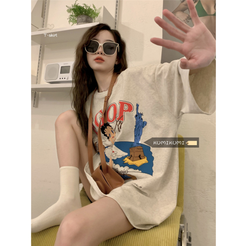 American retro cartoon printed short sleeved T-shirt summer niche oversize lower body missing loose top women's fashion