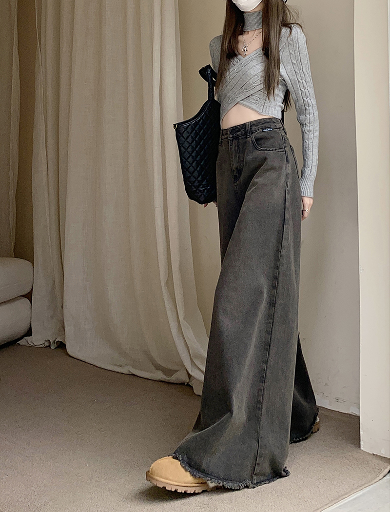 Real price 2022 winter new washed retro black gray wide-leg jeans women's high waist elephant leg pants tide