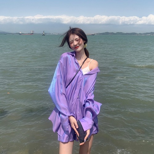2022 spring and summer new Mermaid Ji loose lazy wind sunscreen long sleeved shirt women's fashion suit