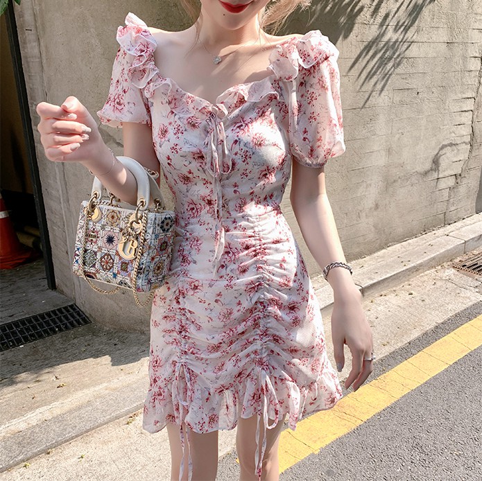 Chiffon dress, women's spring dress, 2020 style, small fragrance, slim waist, goddess style, floral skirt, summer