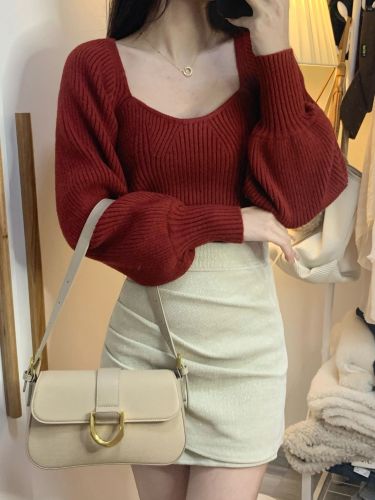 Spice Girl Red Square Neck Puff Sleeve Knit Inner Bottom Shirt Female Spring  New Sweater Short Top