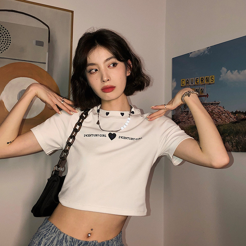 Short t-shirt female slim fit embroidery hot girl student short-sleeved top