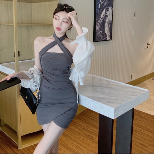 Pure desire style hot girl hanging neck suspender dress female design sense niche waist tight sexy bag hip short skirt summer