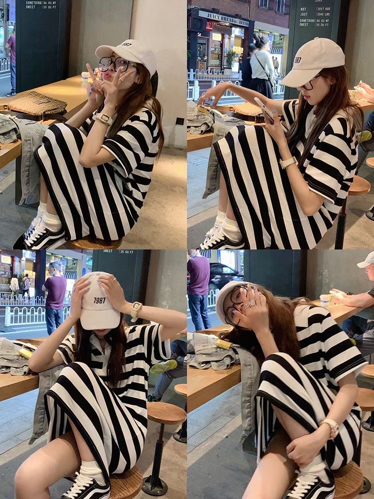 Collar short sleeve dress women's summer loose and thin design small crowd medium length casual striped skirt