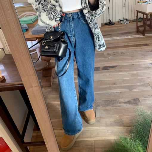 Retro washed straight leg handsome slim wide-leg jeans