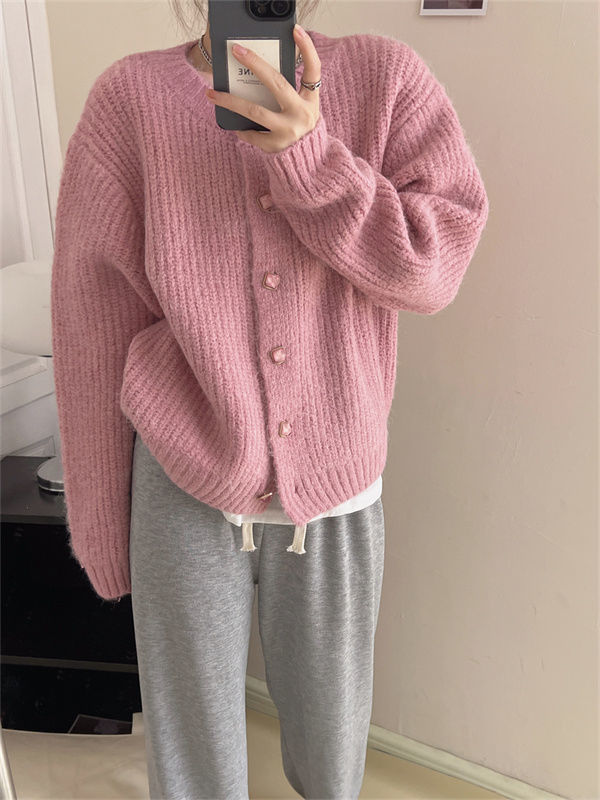 Lazy style Korean loose sweater jacket 2022 autumn and winter new temperament silhouette solid color thickened knitted cardigan