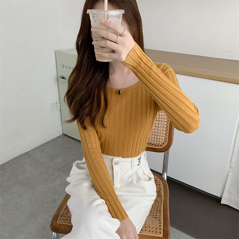 Real shot real price early autumn Korean version simple basic style pit strip solid color thin square neck bottomed sweater top female