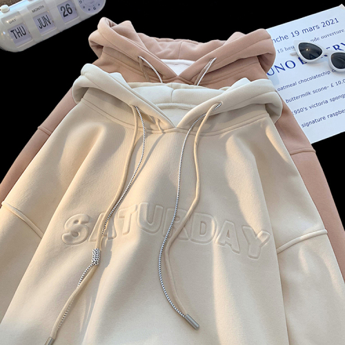 310 grams of imitation cotton interwoven fabric can not play winter fleece sweater women's hooded bump print rear bag double-layer cap