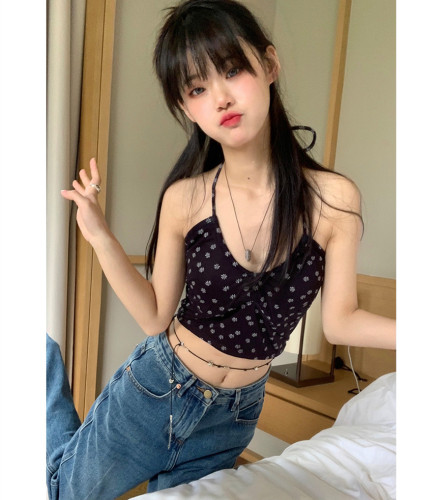 Xiaoxian Nizi Halter Neck Camisole Women's Inner Wear Summer Design Sense Niche Outer Wear Black Floral Pure Desire Top