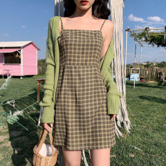 Early spring Korean new style versatile Avocado Green retro Plaid suspender dress short skirt women's fashion