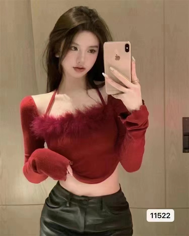 2022 autumn new design hot girl style halter neck off-shoulder fur collar high waist long sleeve top
