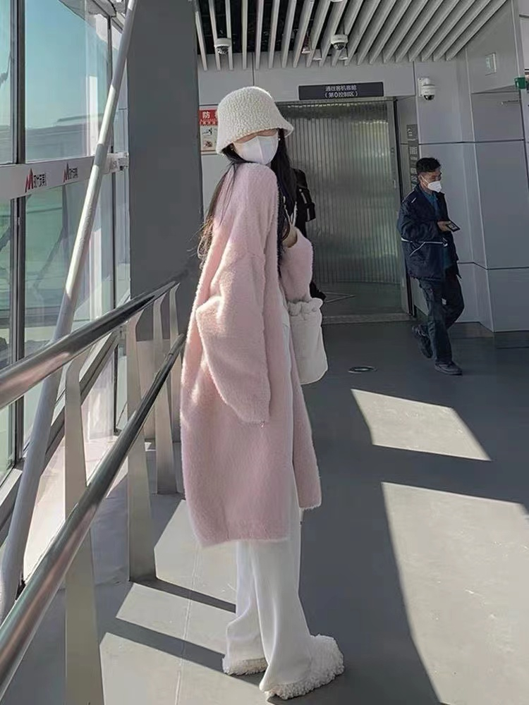 2022 autumn and winter new imitation mink velvet mid-length sweater coat women's loose lazy style knitted cardigan coat