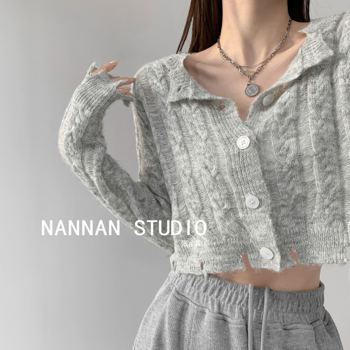 European and American Lazy Wind Hole Design Twist Knit Cardigan Women's Loose Sweater Short High Waist Long Sleeve Top Trendy