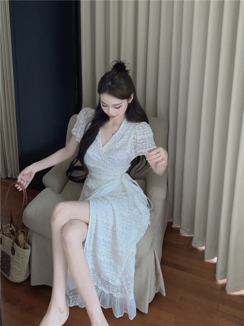 Real shot!  Coffee Break French Long Dress Women's Fashionable and High-end Lace Dress