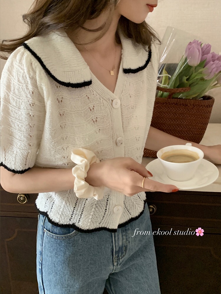 Short Lapel knitted cardigan women's summer new Korean white hollow texture thin top