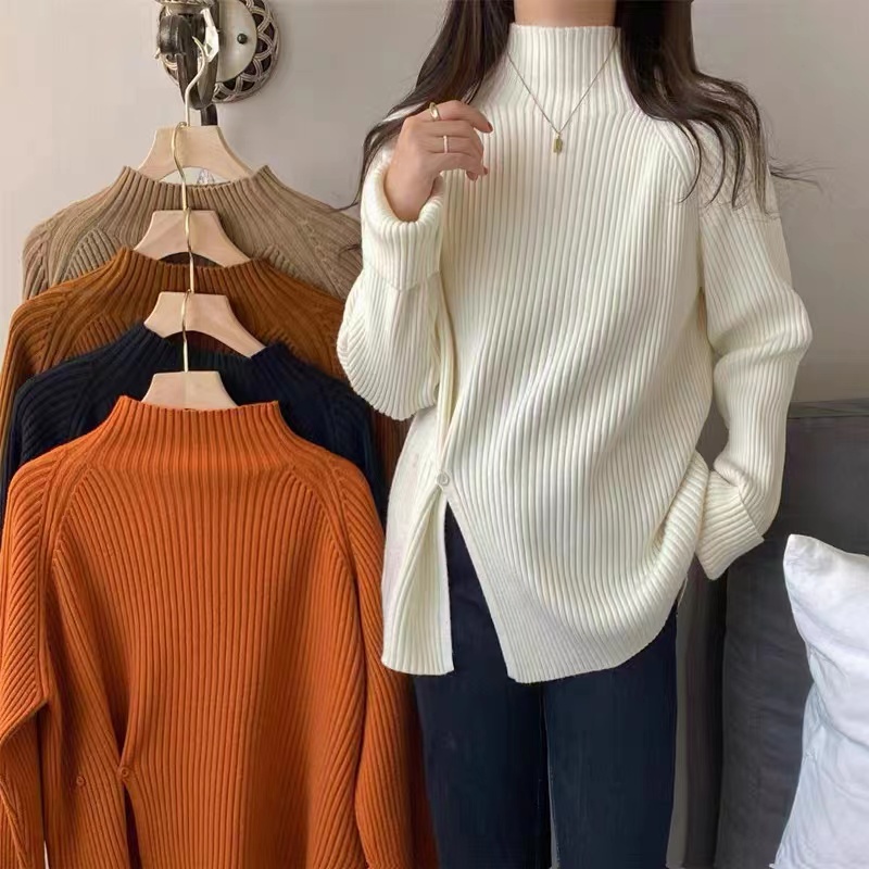 European goods half turtleneck sweater women's autumn and winter new design sense niche button slit pullover pit strip knitted bottoming shirt