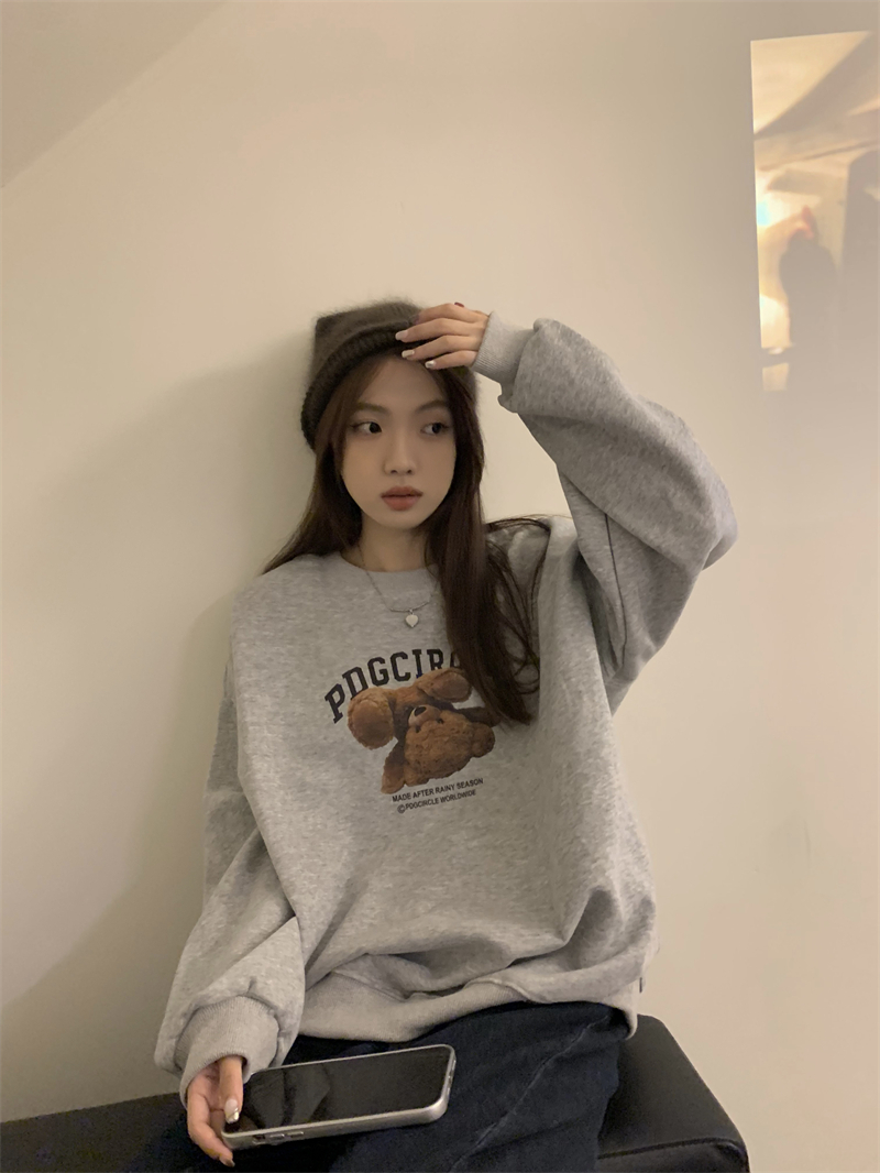 Official picture 310g imitation cotton interwoven fabric winter thickened plus fleece sweater women's round neck printed long-sleeved top with strips