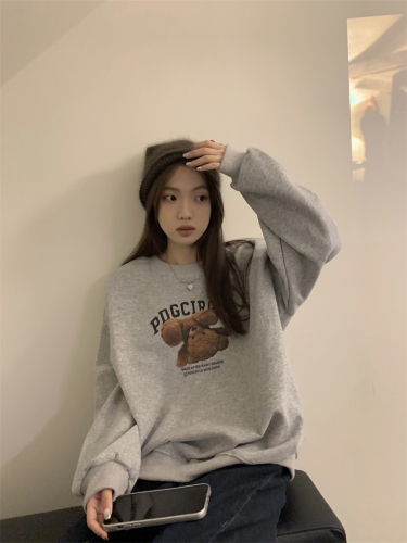 Official picture 310g imitation cotton interwoven fabric winter thickened plus fleece sweater women's round neck printed long-sleeved top with strips