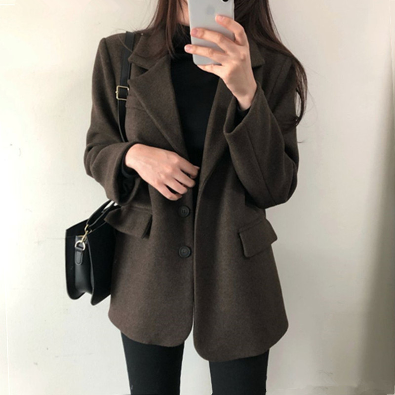 Single breasted thickened warm cashmere suit top women's 2021 autumn new suit collar casual wool coat