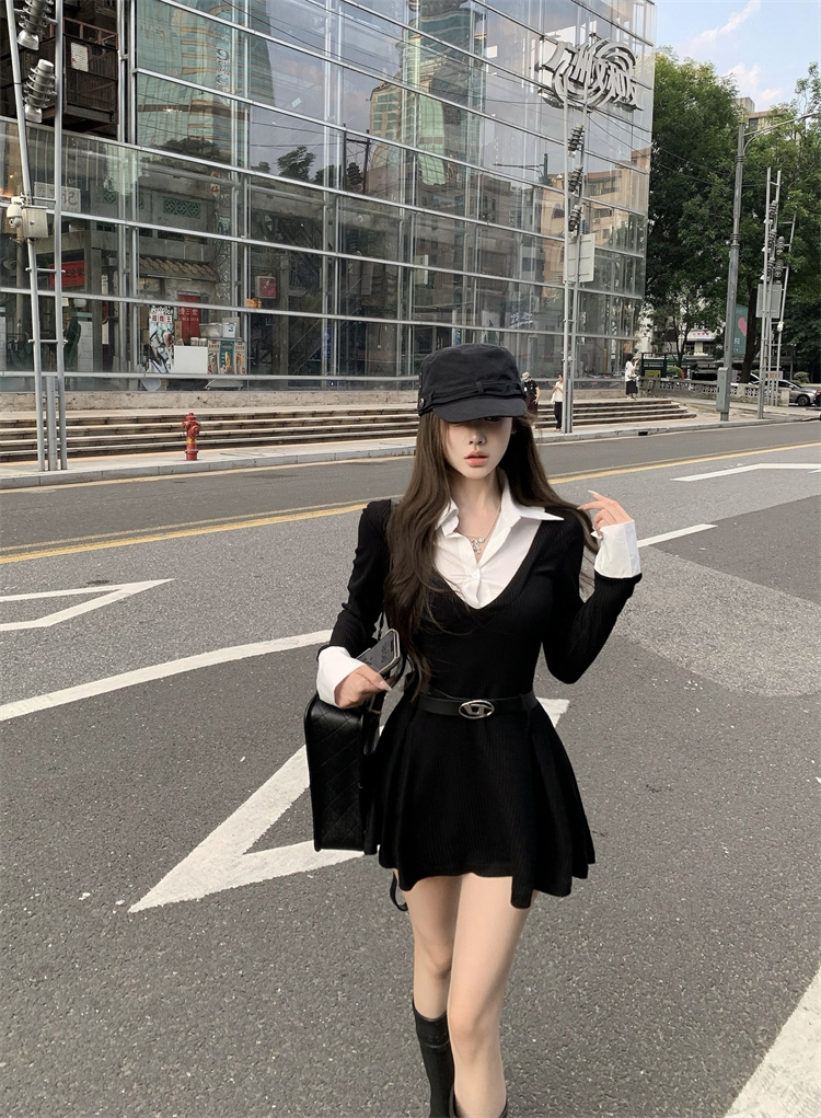 Real shot college style fake two-piece shirt dress waist cinched ladylike hot girl black long-sleeved short skirt autumn women 